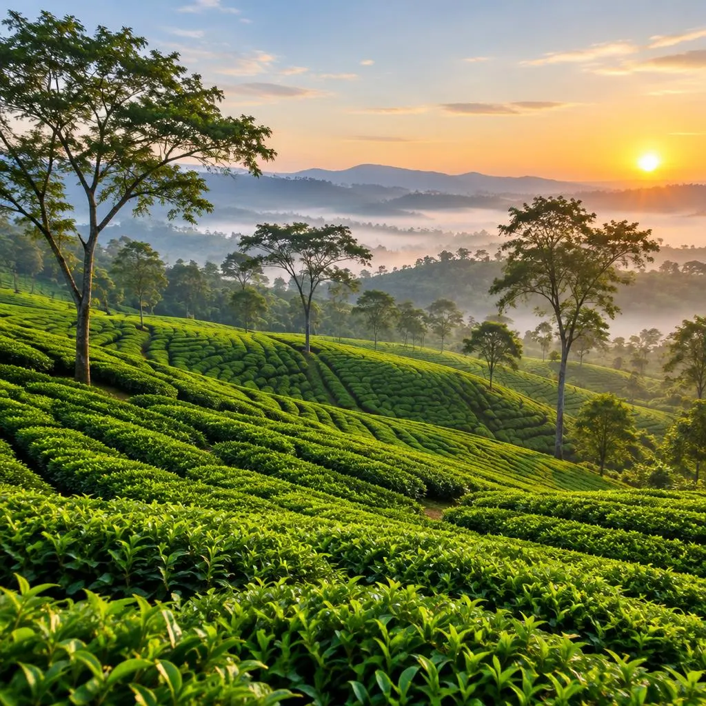 Sunlight over lush tea gardens in Assam