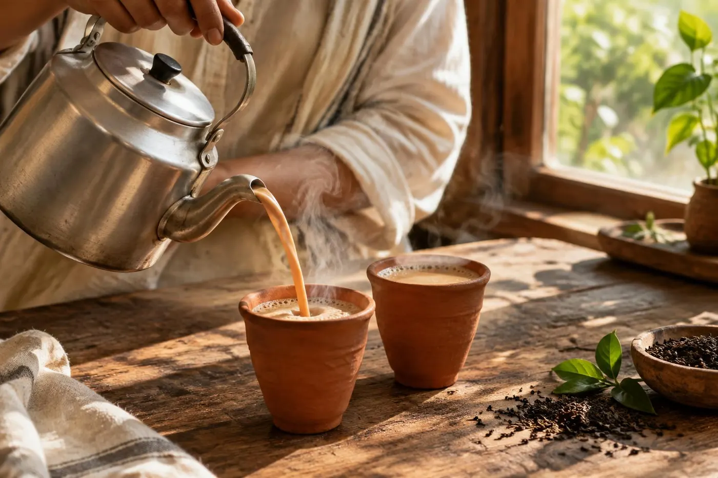 Chai poured into traditional terracotta cups