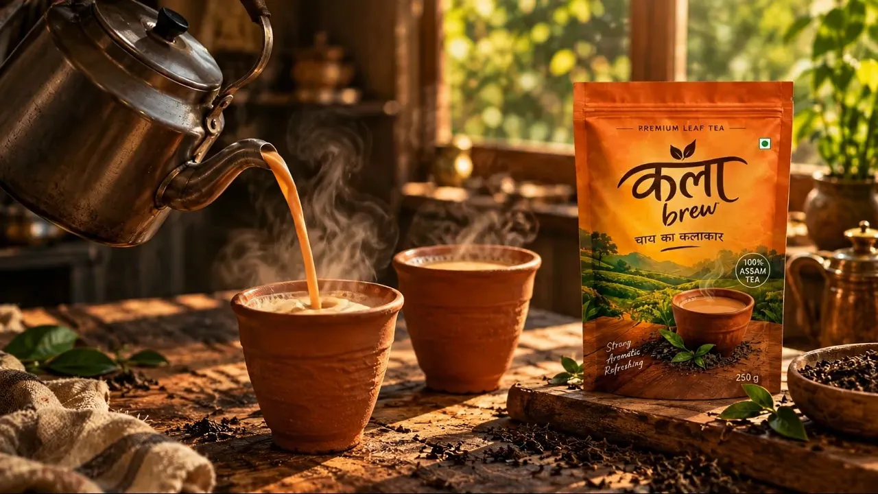 Original KalaaBrew orange tea pouch with its Devanagari artwork beside terracotta chai cups